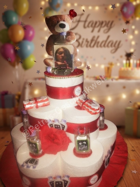 Originelle Toilettenpapier-Torte mit Schokolade, 6 Likörfläschchen & Wunschfigur